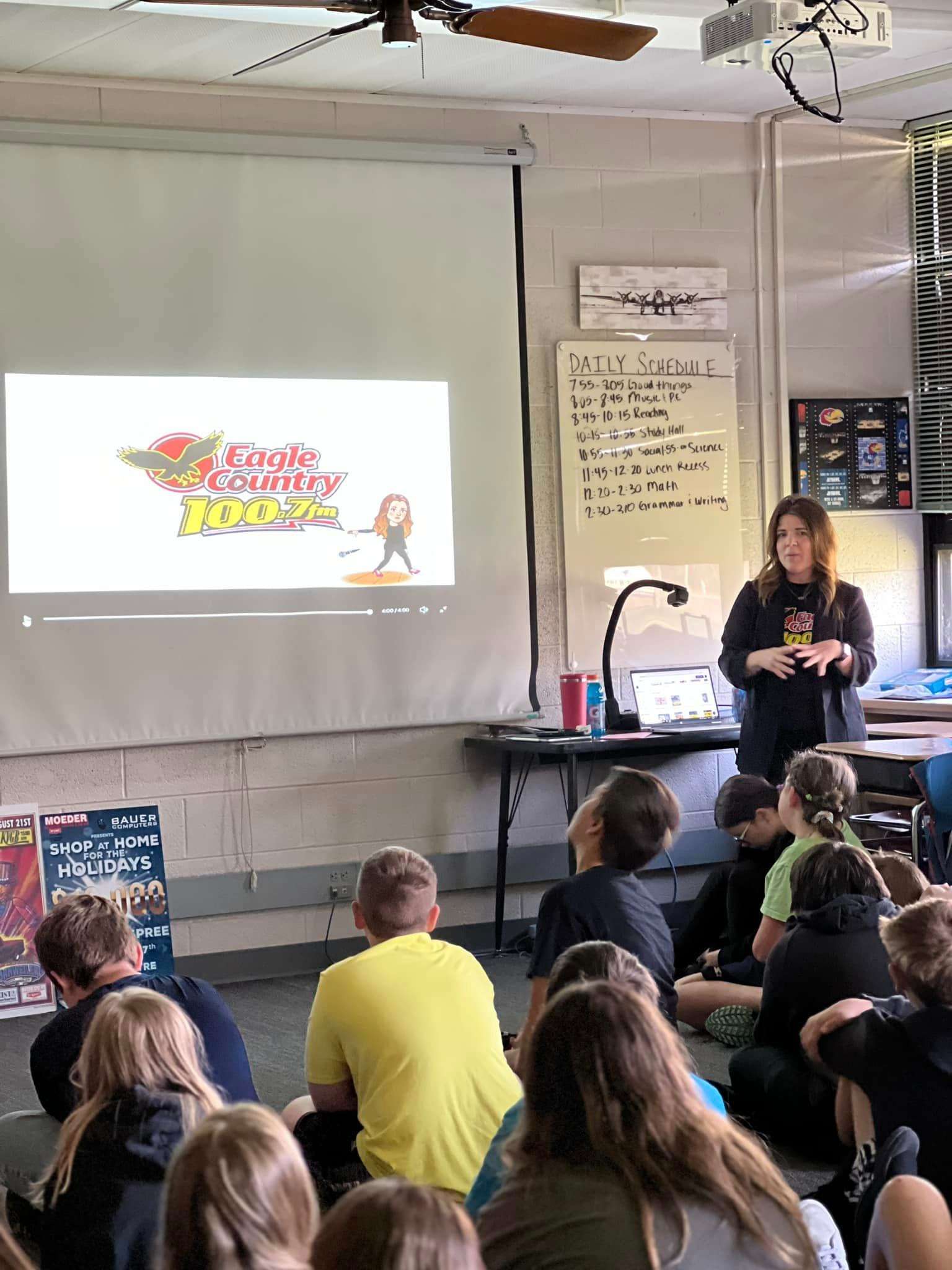 Eagle Radio's Shannon Towns presenting to students May 9, 2023 for Jefferson Elementary School's Career Day.