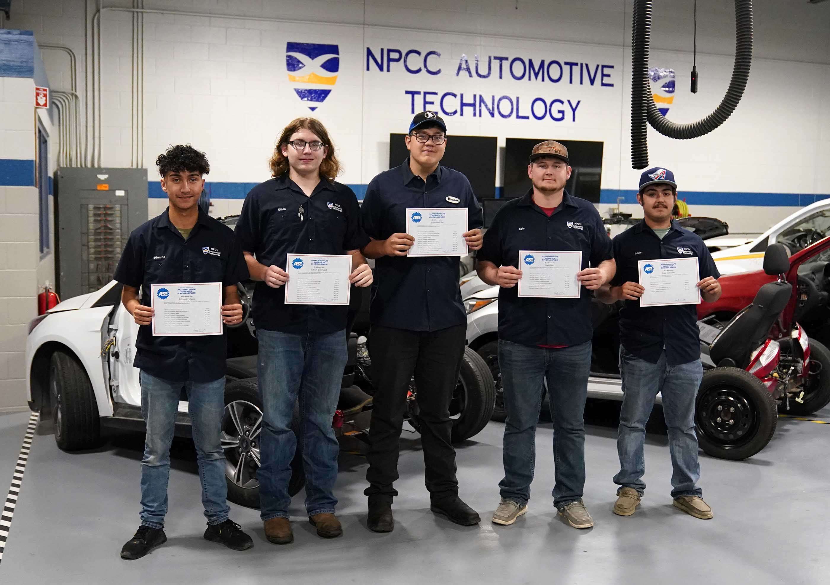 left to right: automotive students: Eduardo Utrera, of Cozad, Ethan Sohrweid, of Ord, Brandon Eller, of North Platte, Kyle Hort, of Elwood and Luis Gonzalez, of Imperial.