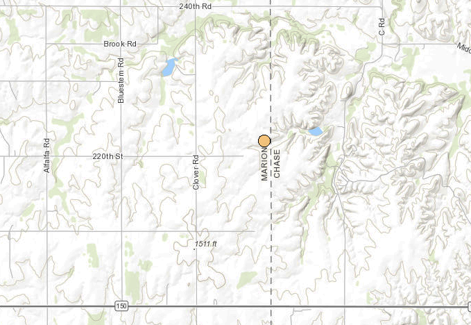 <b>The location of the 2.5 magnitude, 2:07 p.m. Thursday Marion County earthquake.</b> Map courtesy Kansas Geological Survey