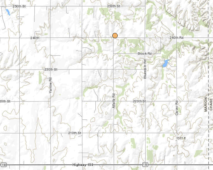 <b>The location of the 2.0 magnitude, 7:07 p.m. Saturday Marion County earthquake.</b> Maps courtesy Kansas Geological Survey