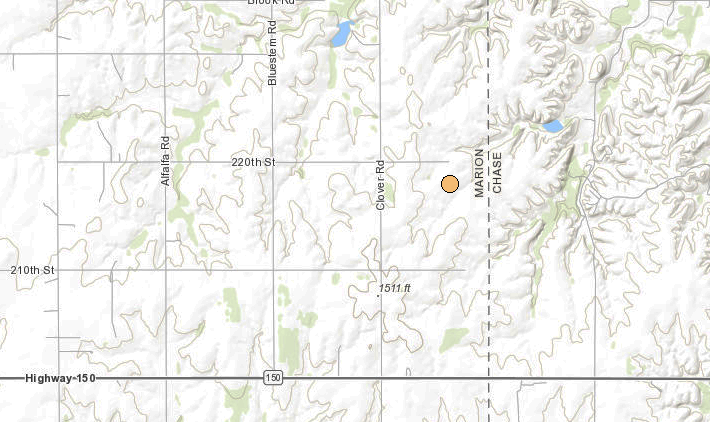 <b>The location of the 2.8 magnitude, 7:08 p.m. Saturday Marion County earthquake.</b>