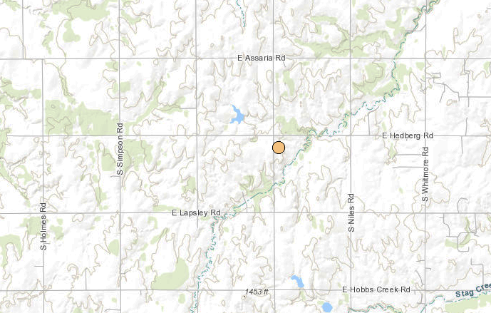 <b>The location of the 2.3 magnitude, 6:49 a.m. Sunday Saline County earthquake.</b> Map courtesy Kansas Geological Survey