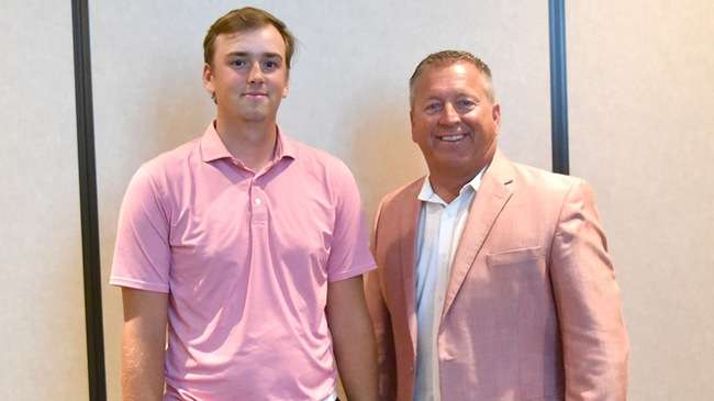 Alex Lindstrom (left) was named the Phil Mickelson NJCAA National Freshman of the Year and Chris Young (right) was inducted into the NJCAA Coaches Association Hall of Fame on Monday night. (Steve Carpenter/Blue Dragon Sports Information)<br>