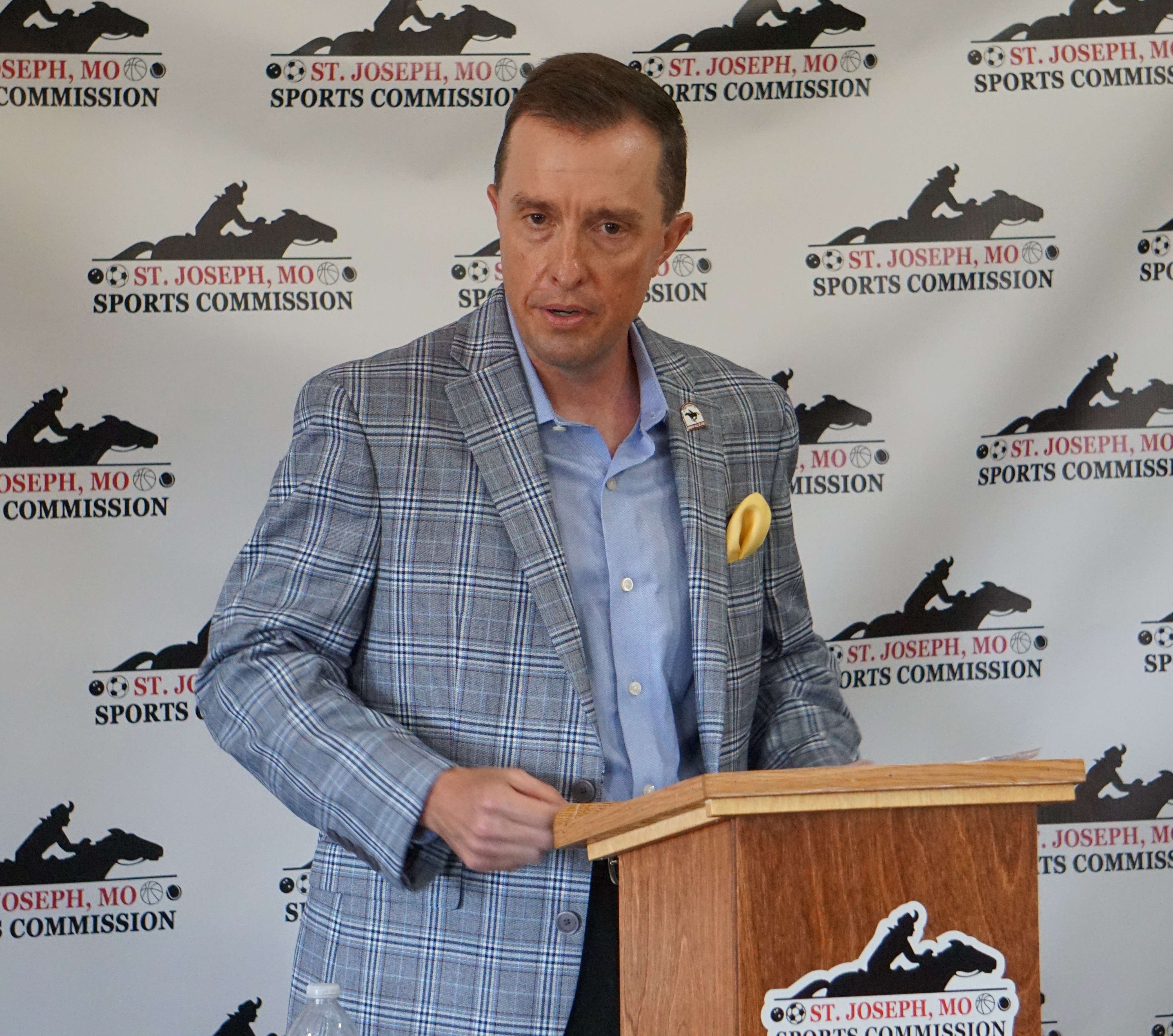 Director of the St. Joseph Sports Commission Brett Esely introduces the 2023 St. Joseph Area Sports Hall of Fame Class on Wednesday at the St. Joseph Convention and Visitors Bureau. Photo by Tommy Rezac.