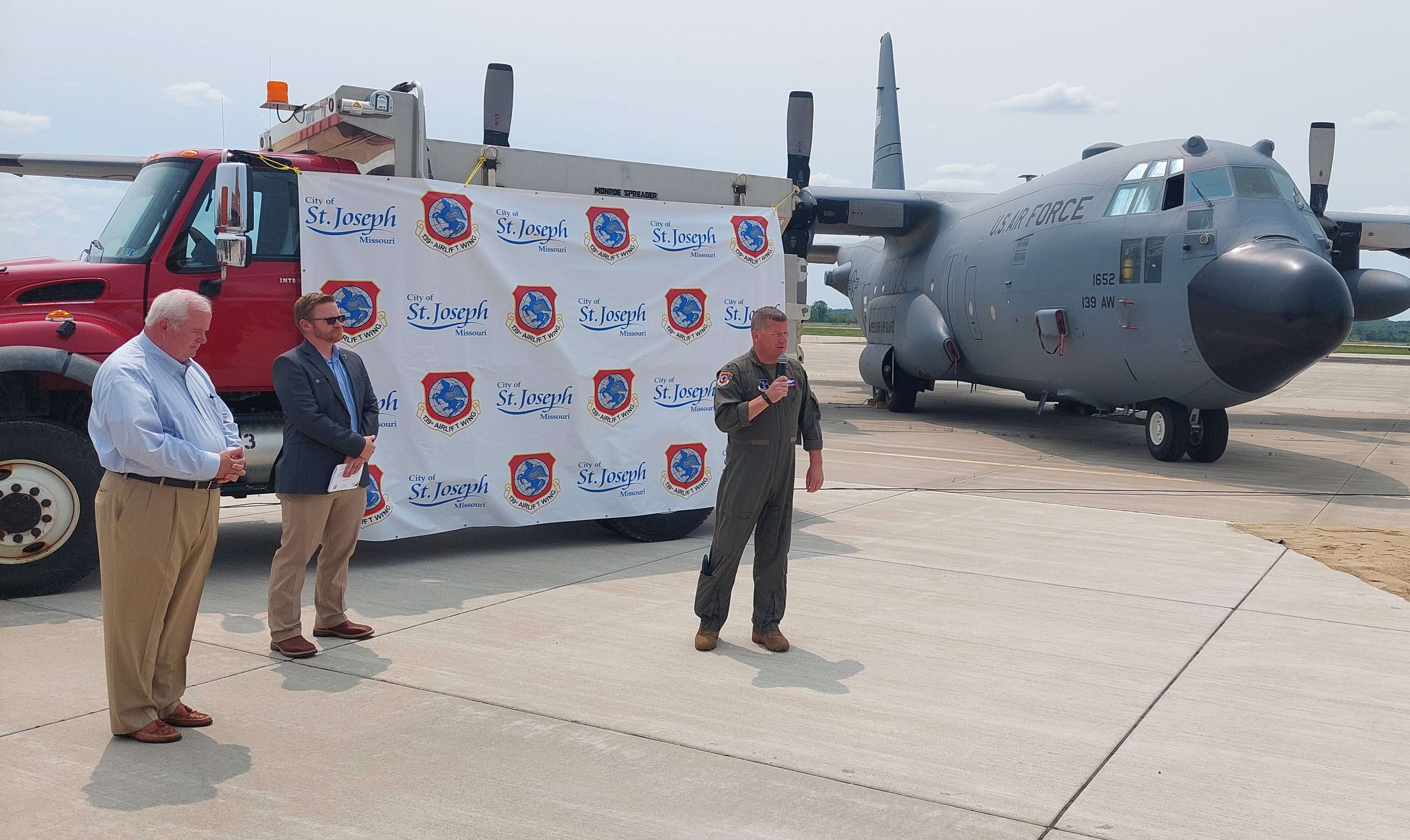 Commander of the 139th Airlift Wing Colonel John Cluck speaks during a groundbreaking ceremony at the airport/ Photo by Matt Pike