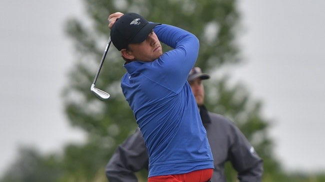 Freshman Alex Lindstrom ties for 24th and leads the Blue Dragon Men's Golf Team to a fifth-place finish at the 2023 NJCAA Division I Championships on Friday in Newton. (Steve Carpenter/Blue Dragon Sports Information)<br>