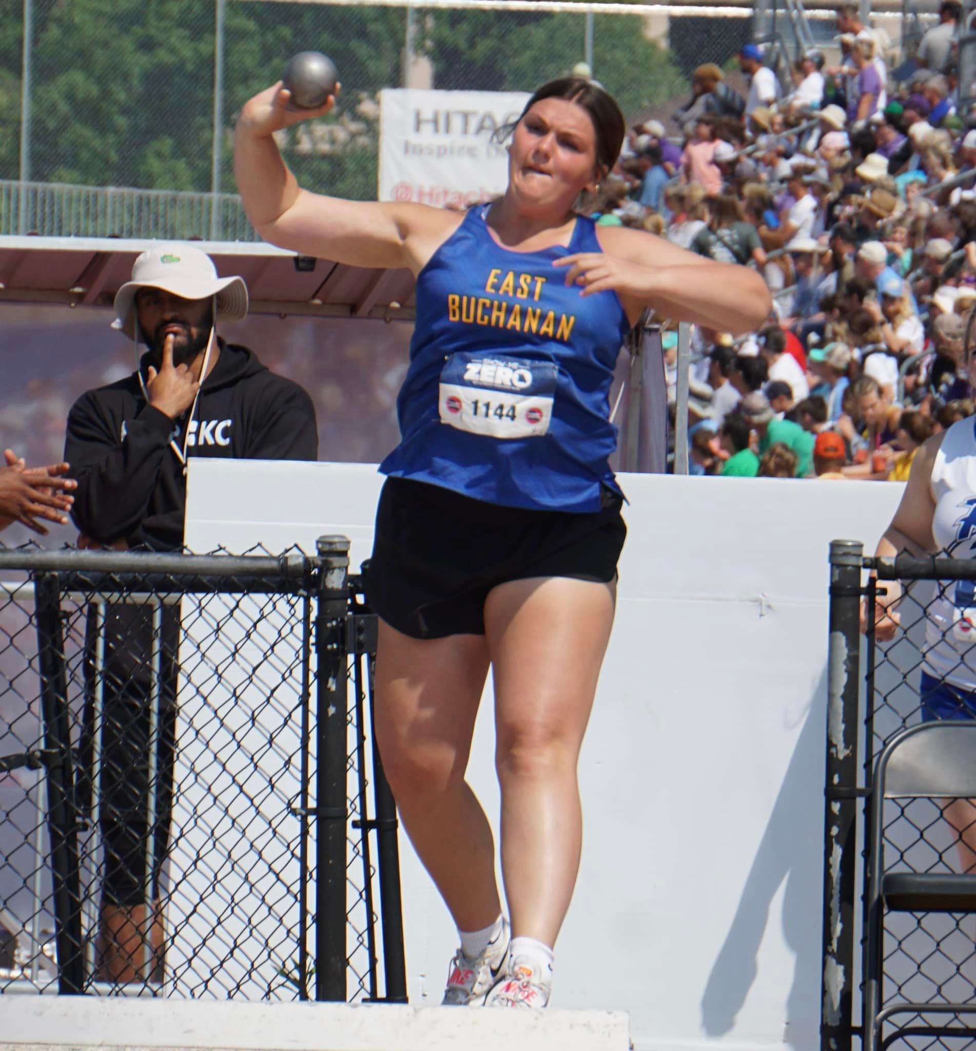 Brooklyn Johnson throws shot put at state track on May 20. Photo by Tommy Rezac.