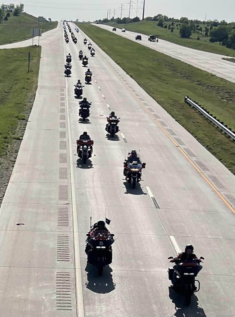 <b>Run for the Wall motorcycle riders heading east toward Junction City.&nbsp;</b>