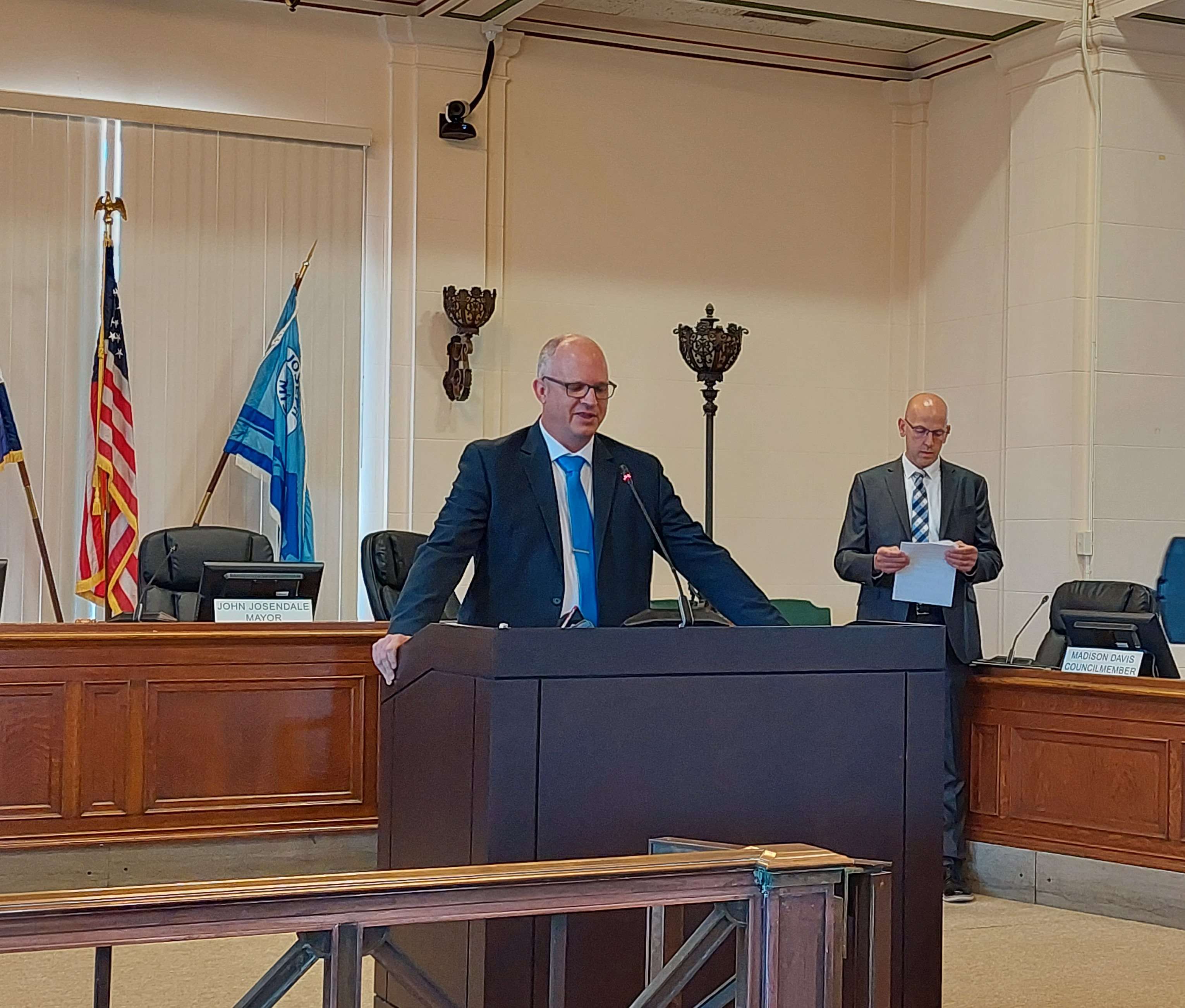 Paul Luster (at podium) will become the next Chief of the St. Joseph Police Department.&nbsp; Luster will take over the position on June 26th/ Photo by Matt Pike