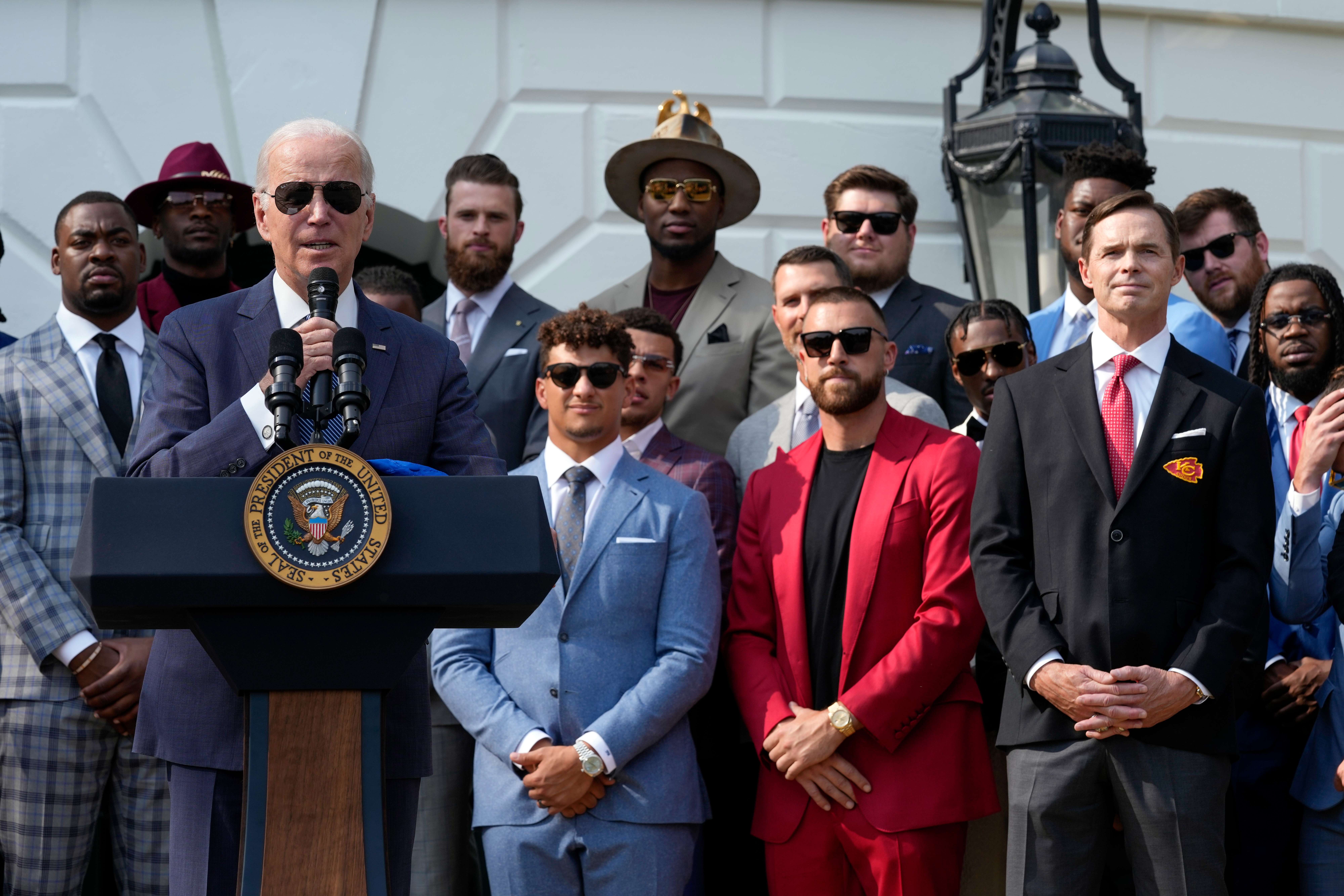 President Joe Biden welcomes the Kansas City Chiefs to the White House in Washington, Monday, June 5, 2023, to celebrate their championship season and victory in Super Bowl LVII, including quarterback Patrick Mahomes, tight end Travis Kelce and Mark Donovan, president of the Kansas City Chiefs, right. (AP Photo/Susan Walsh)