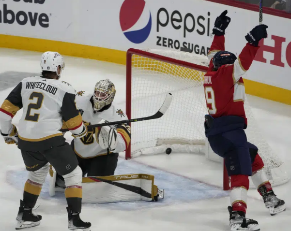 &nbsp; Florida Panthers left wing Matthew Tkachuk (19) celebrates the game winning goal by teammate Carter Verhaeghe during overtime in Game 3 of the NHL hockey Stanley Cup Finals, Thursday, June 8, 2023, in Sunrise, Fla. The Florida Panthers defeated the Vegas Golden Knights 3-2. (AP Photo/Rebecca Blackwell)<br>