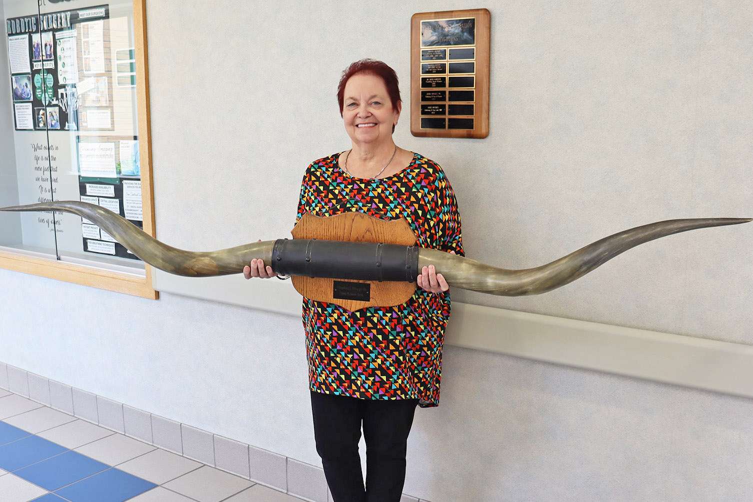 Doris Meyeres, Administrative/Accounting Specialist at Clara Barton Medical Center secured the long horns during last year’s annual benefit event. The horns will once again be auctioned off on June 17, continuing the tradition of allowing supporters to “Take the Bull by the Horns.”