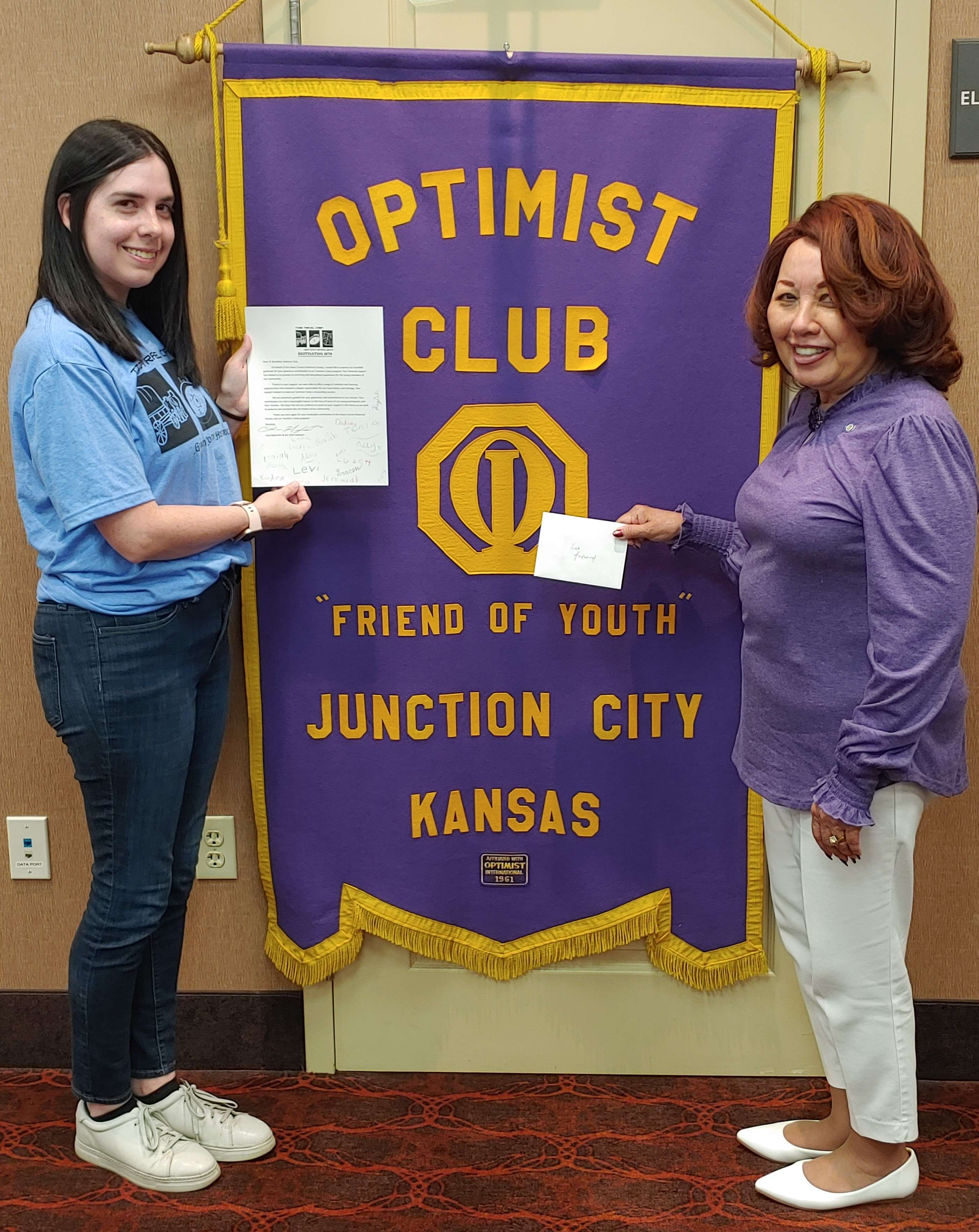 Pictured left to right: Lisa Highsmith, Director of Programs and Education at the Geary County Historical Society and Nita Miller, President of the JC Breakfast Optimist Club