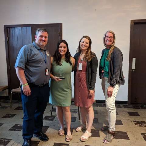 Jasmine Figueroa, second from left, earned the Next Generation Award at the recent Youth Crew end-of-year celebration at the Eagles Lodge. The award recognizes Figueroa’s involvement in Youth Crew activities, while furthering her education and sharing information to increase awareness of Barton County prevention efforts. Also pictured, from left to right, are Tyler Morton, Katelyn Sigler and Marissa Woodmansee.