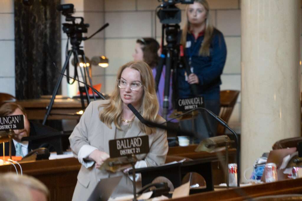 State Sen. Megan Hunt of Omaha speaks on the legislative floor on Tuesday, May 16, 2023, in Lincoln, Neb. (Zach Wendling/Nebraska Examiner)