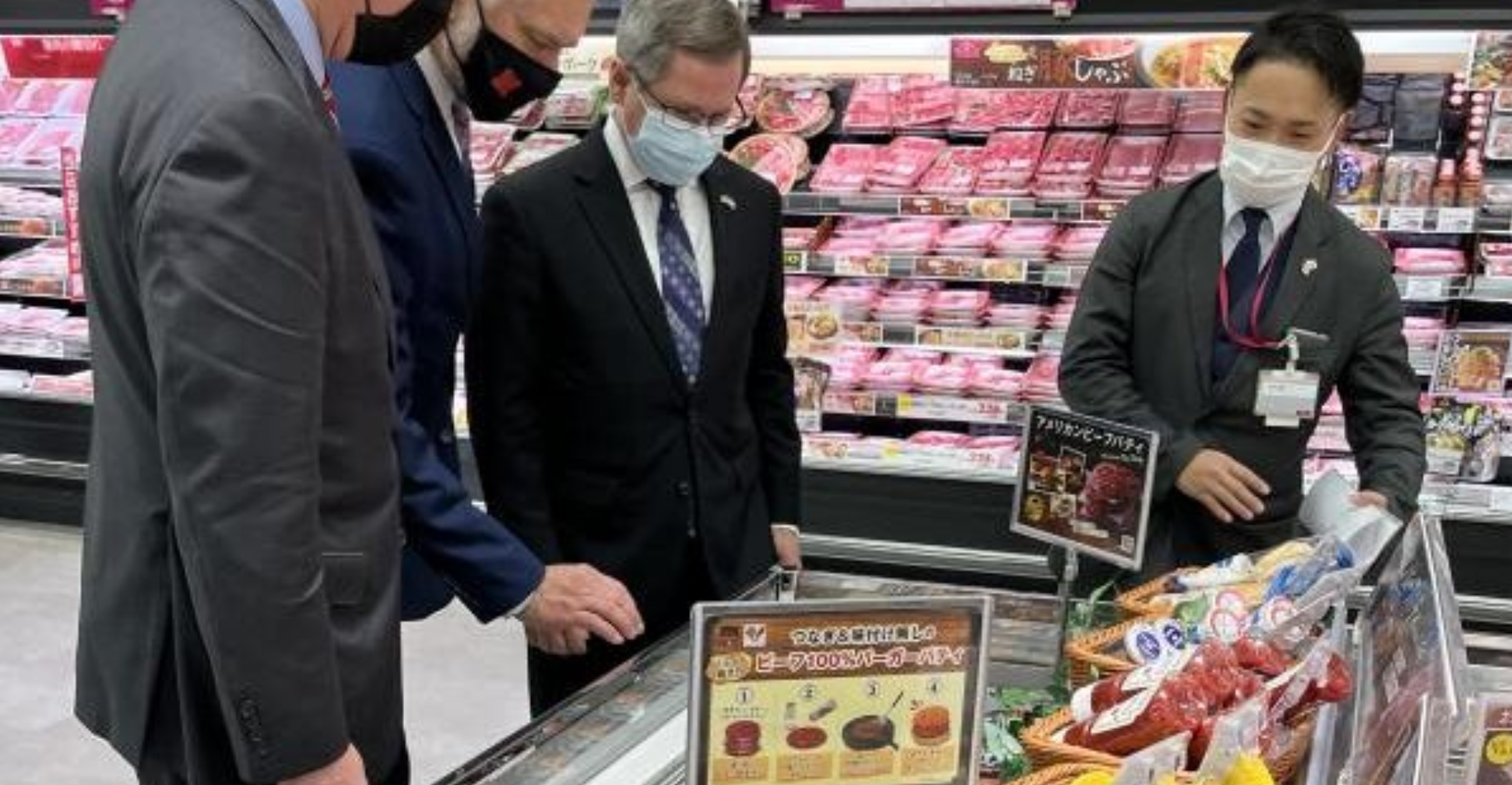 In December, then-Gov. Pete Ricketts led a trade mission to Japan, including this visit to the Aeon supermarket to see an all-Nebraskan beef line. (Courtesy of Governor’s Office)