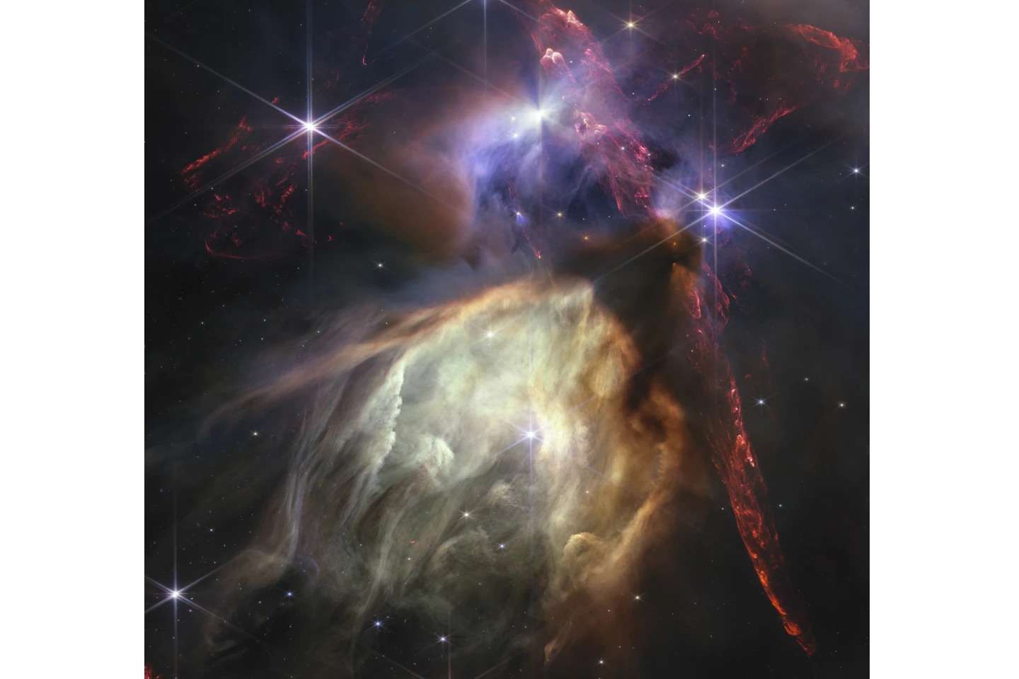 The first anniversary imaged released Wednesday, July 12, 2023, by Space Telescope Science Institute Office of Public Outreach, shows NASA's James Webb Space Telescope displaying a star birth like it's never been seen before, full of detailed, impressionistic texture. The subject is the Rho Ophiuchi cloud complex, the closet star-forming region to earth. (NASA, ESA, CSA, STScl, Klaus Pon via AP)Associated Press
