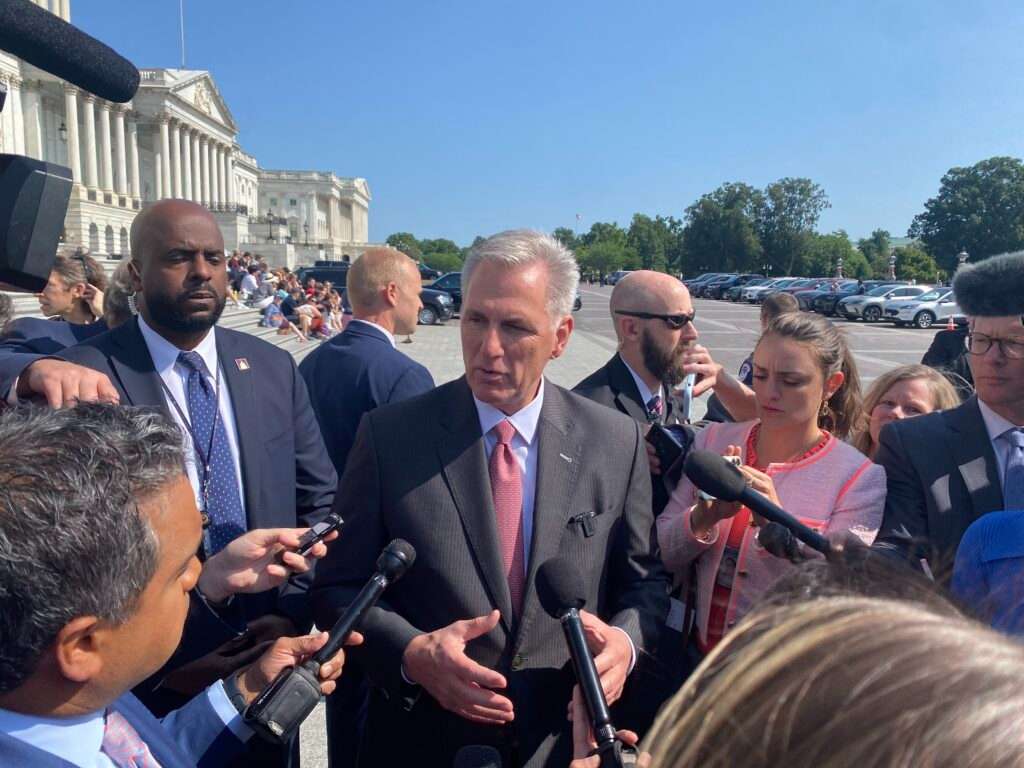 U.S. House Speaker Kevin McCarthy, a California Republican, speaks with reporters outside the Capitol building on Thursday, May 25, 2023. (Jennifer Shutt/States Newsroom