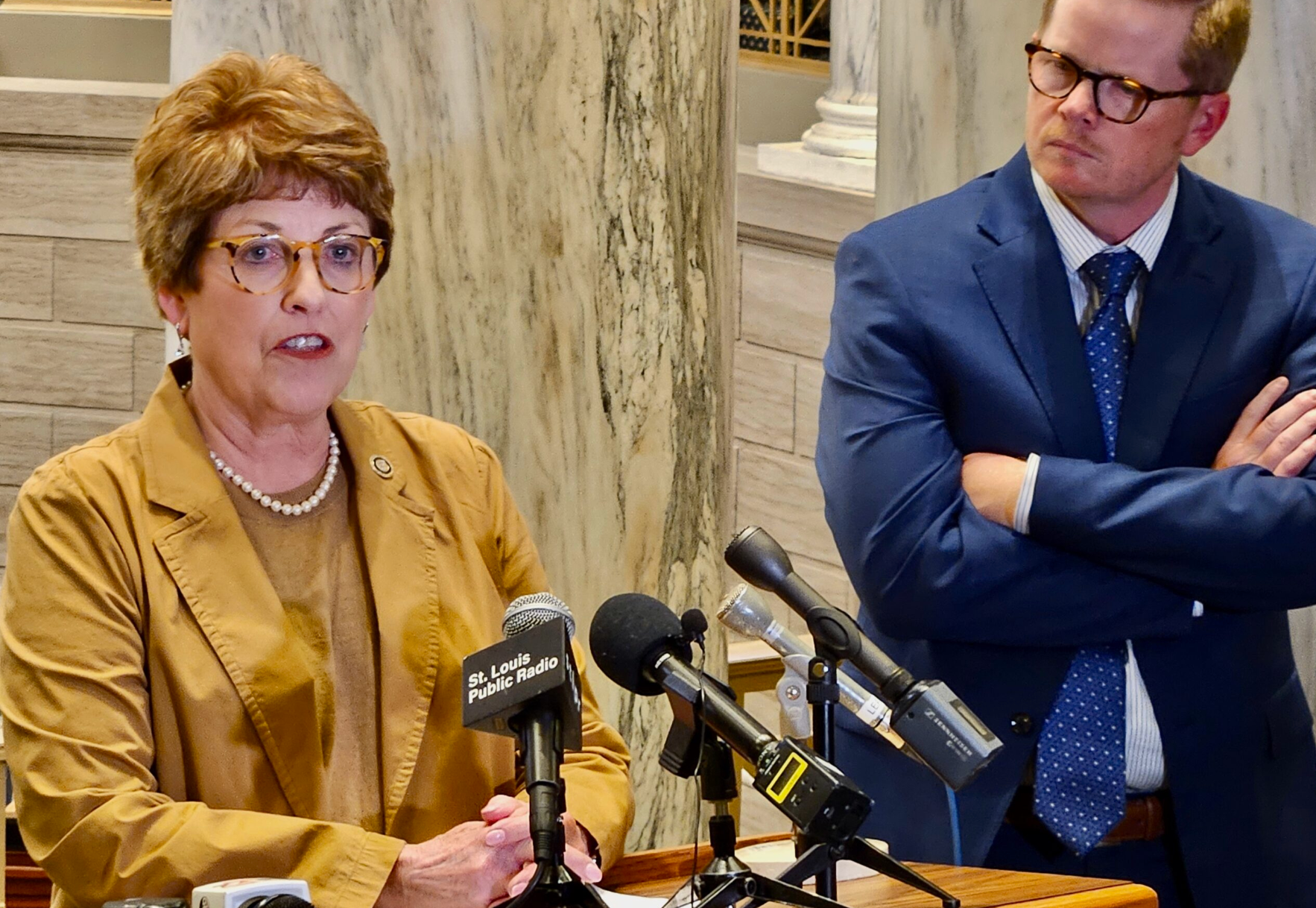  Senate Majority Leader Cindy O’Laughlin, R-Shelbina, speaks at a news conference after the end of the 2023 legislative session with President Pro Tem Caleb Rowden, R-Columbia (Rudi Keller/Missouri Independent).