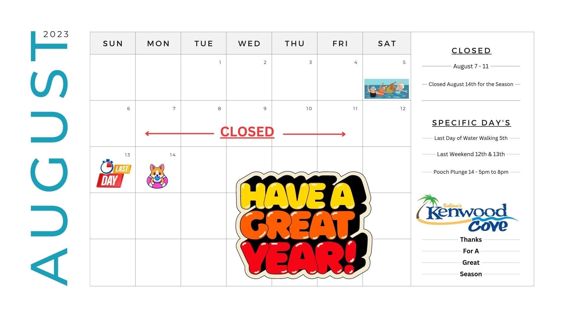 Kenwood Cove Aquatic Park End of the Season Calendar. Image Courtesy Kenwood Cover Aquatic Park