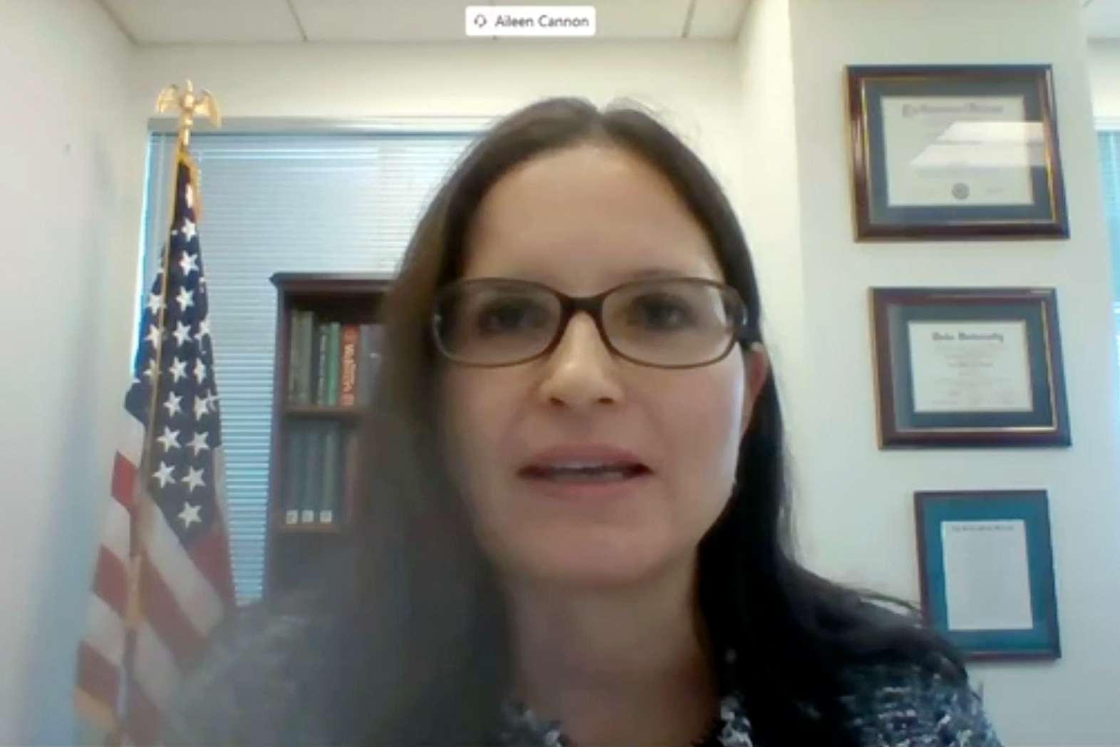 In this image from video provided by the U.S. Senate, Aileen M. Cannon speaks remotely during a Senate Judiciary Committee oversight nomination hearing to be U.S. District Court for the Southern District of Florida on July 29, 2020, in Washington. Cannon, a federal judge in Florida, has set a trial date for former President Donald Trump to May 20, 2024 in a case charging him with illegally retaining hundreds of classified documents. (U.S. Senate via AP)