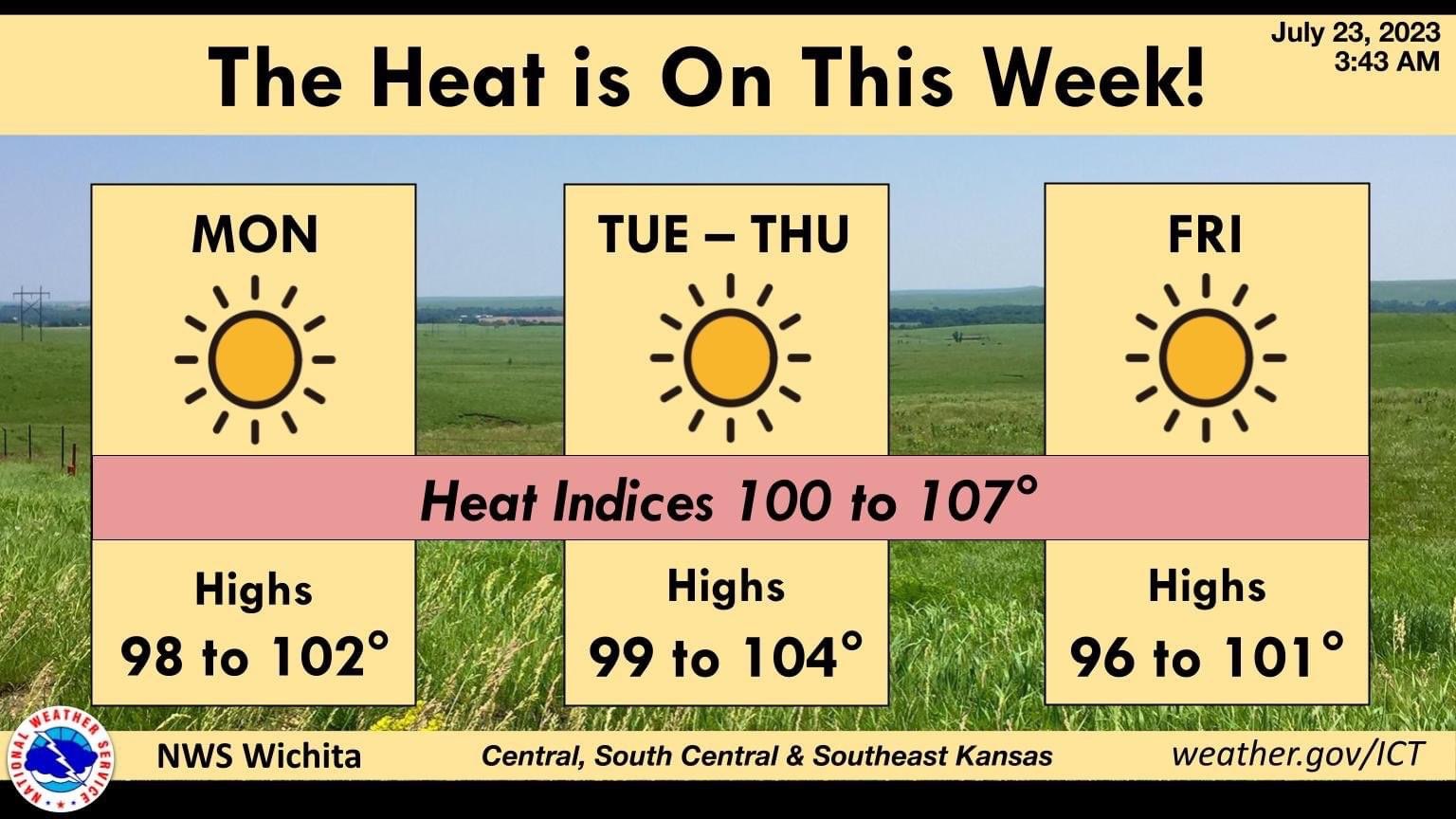 July 23, extreme heat coming. Image Courtesy NWS-Wichita
