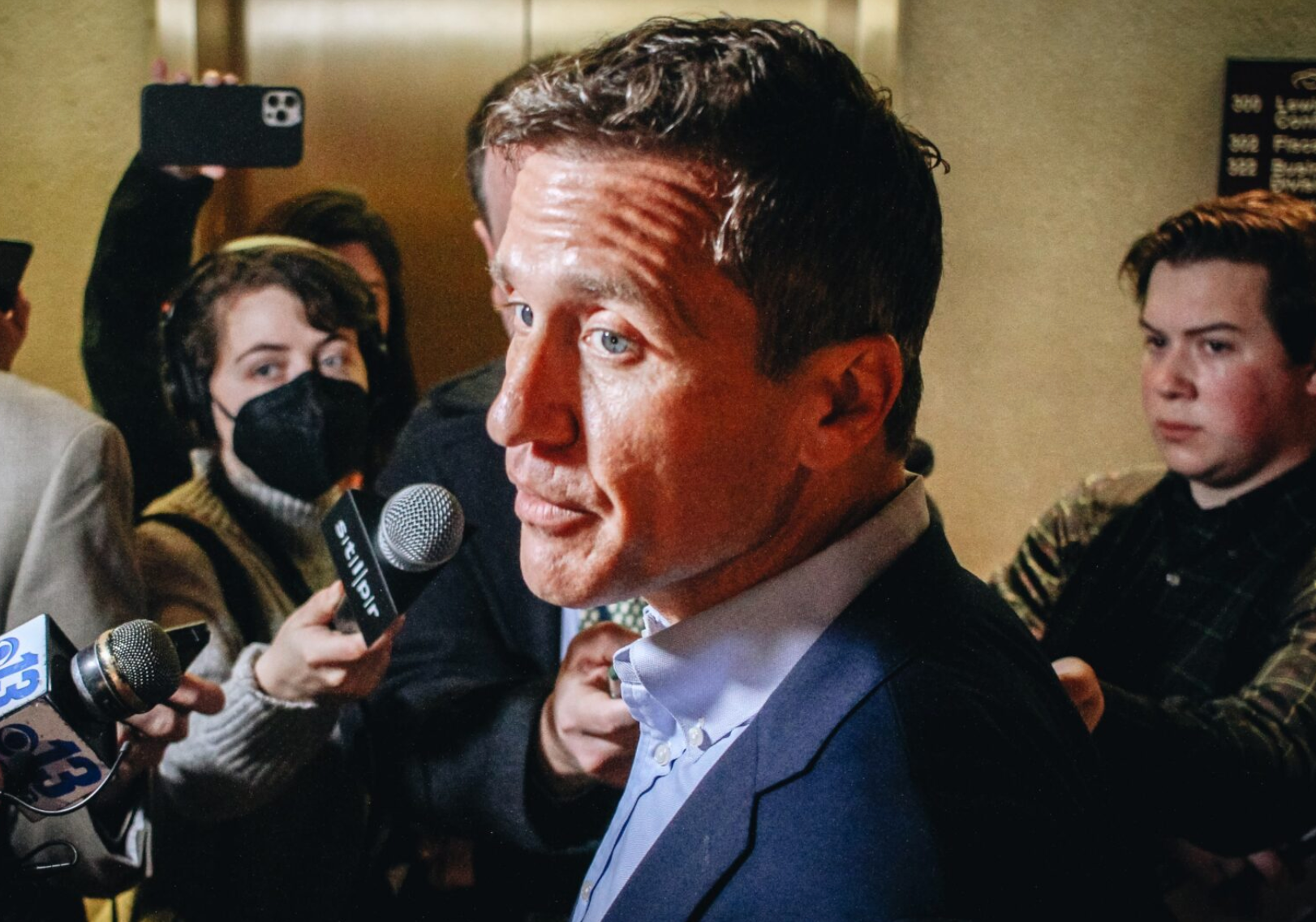  Eric Greitens addresses the media after filing to run in the Missouri Senate primary on Feb. 22, 2022, at the James C Kirkpatrick State Information Center in Jefferson City (Madeline Carter/Missouri Independent).