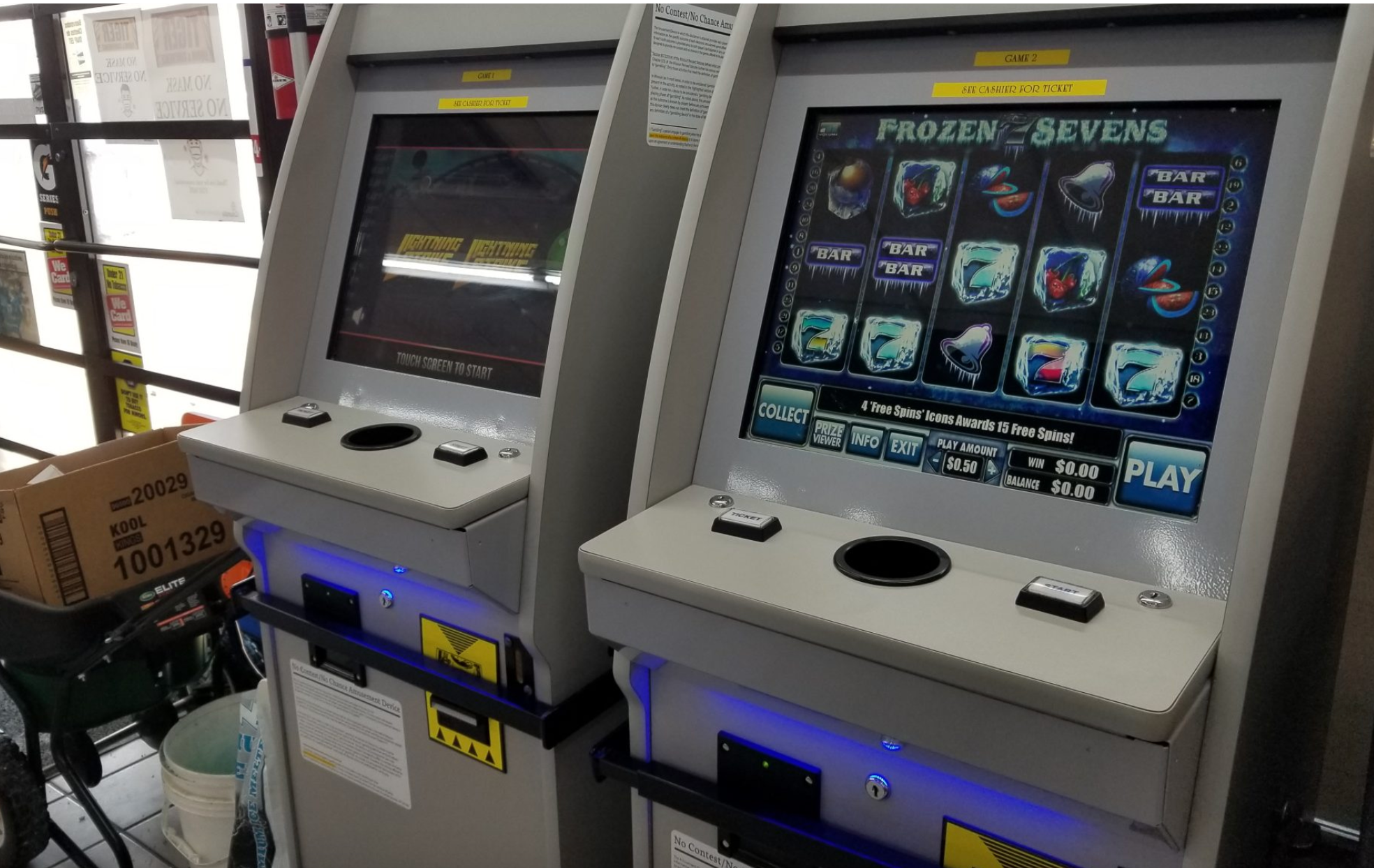  Two "no-chance" gambling machines await customers in a Columbia convenience store in September 2021. (Rudi Keller/Missouri Independent)