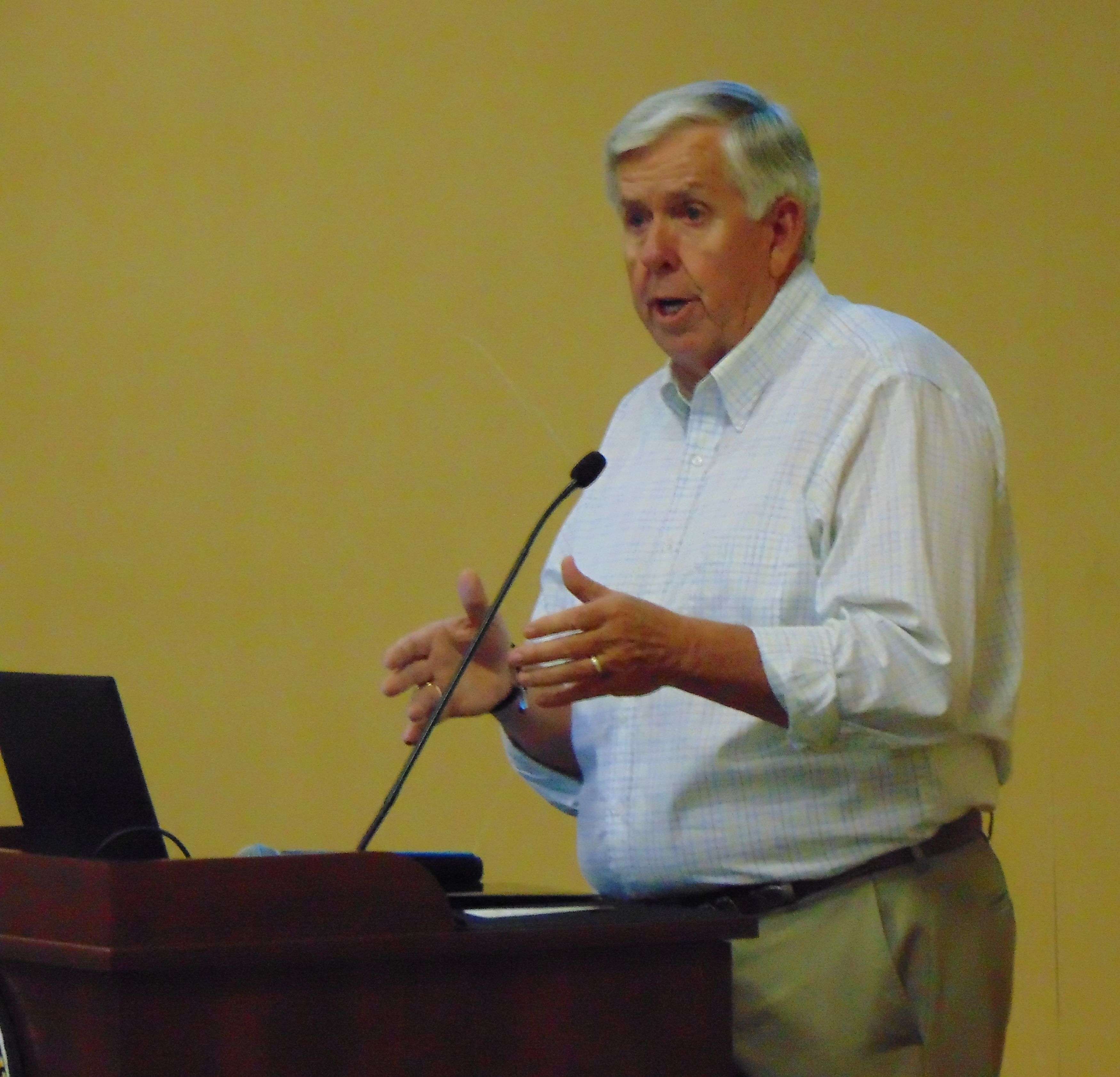 Gov Mike Parson speaks during a recent meeting at MWSU/Photo by Brent Martin