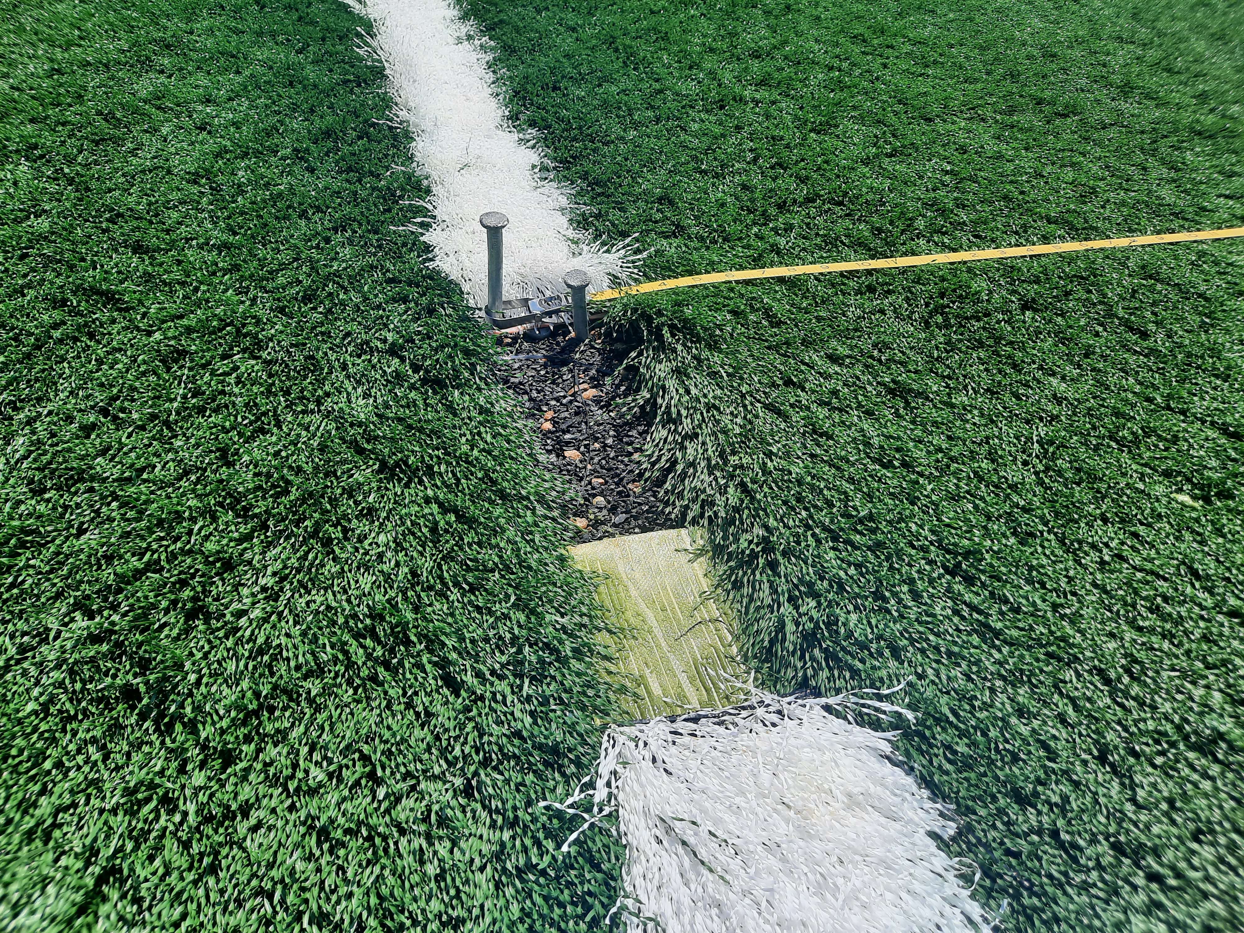 Turf is cut and replaced by each white hash mark that is glued into place.