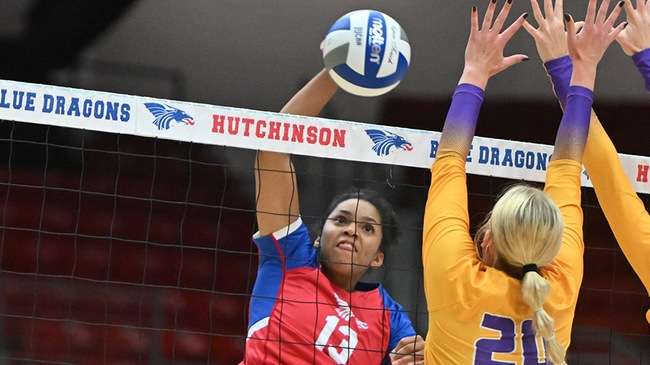 Cameron Letcher had career highs of seven kills on .667 hitting and four total blocks in No. 19 Hutchinson's 3-0 victory over the Bethel College JV on Wednesday at the Sports Arena. (Andrew Carpenter/Blue Dragon Sports Information)<br>