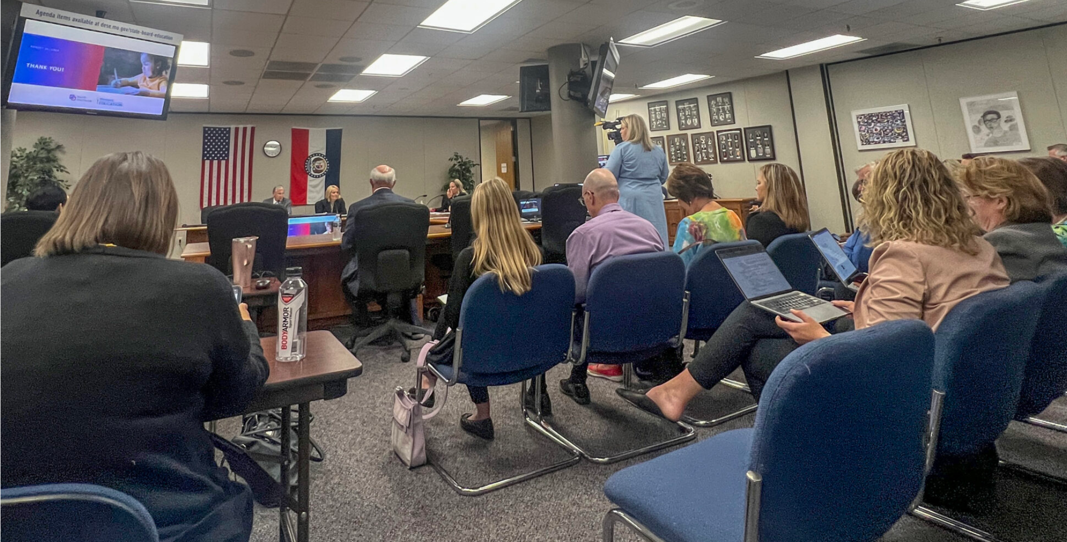 The Missouri State Board of Education listens Aug. 15 to the Department of Elementary and Secondary Education's blue ribbon commission's latest set of recommendations. (Annelise Hanshaw/Missouri Independent)