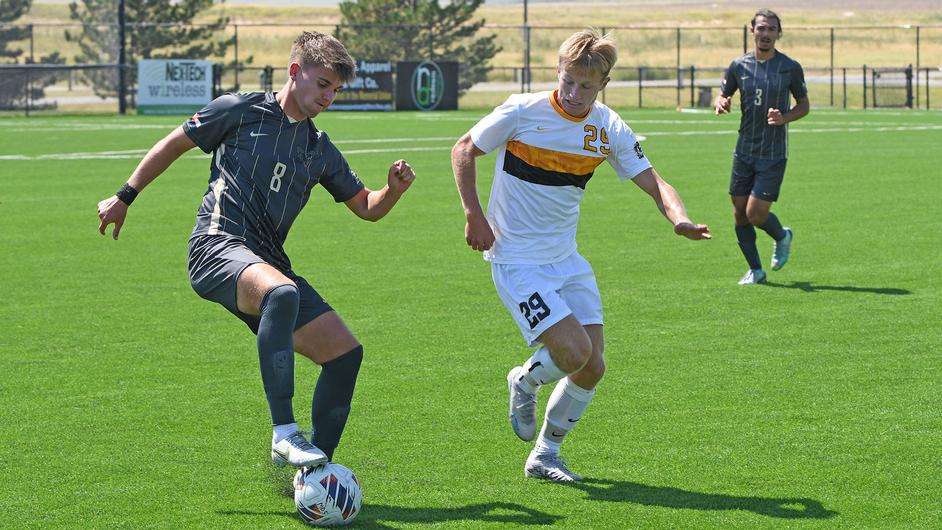 Fort Hays State freshman midfielder Collin Hershberger defends against UC-Colorado Springs Jackson Million Sunday, September 3, 2023 in Hays, Kan. (FHSU Athletics photo/Ryan Prickett)