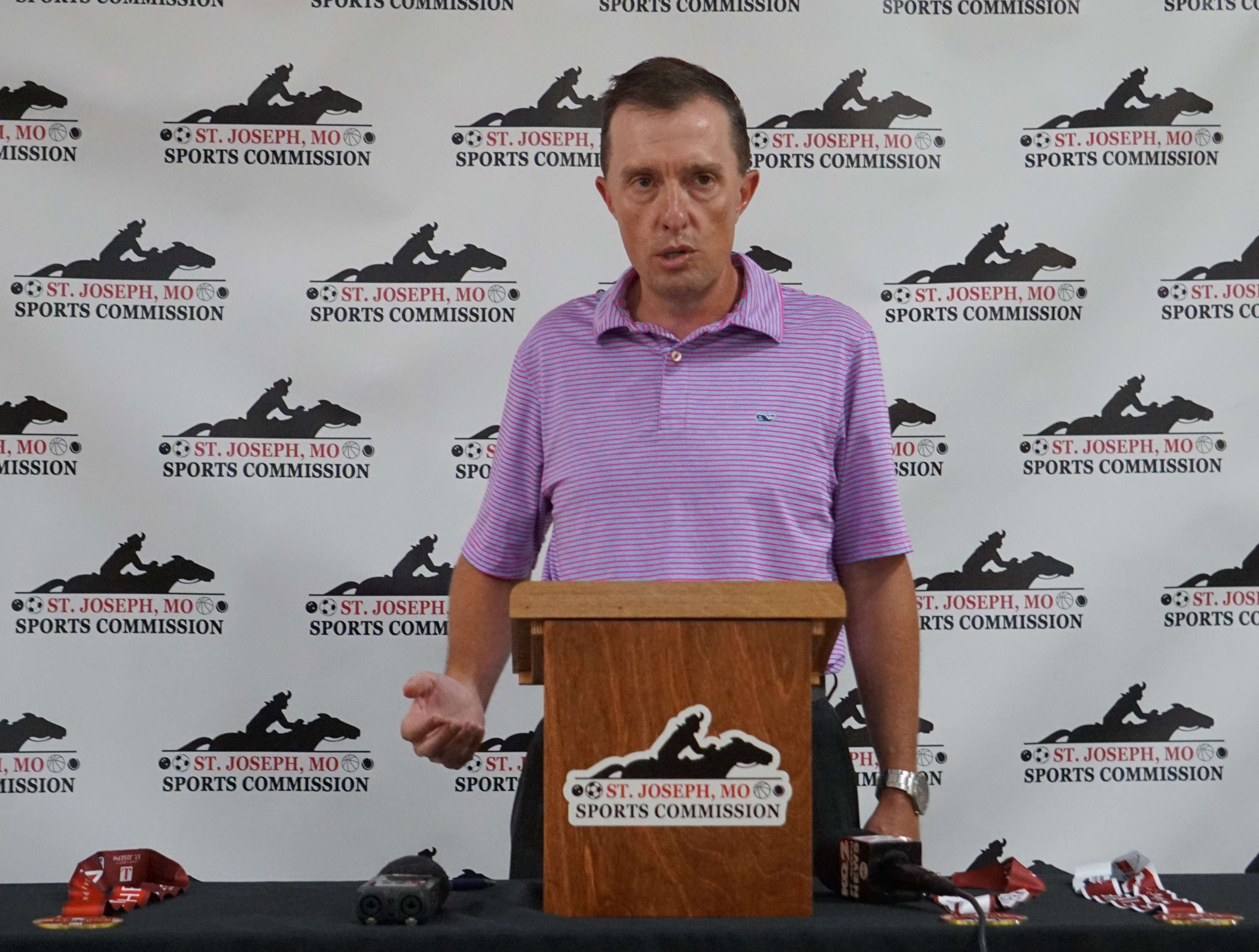 Race director Brett Esely addresses the media about the St. Joseph Marathon at the CVB Building. Photo by Tommy Rezac.