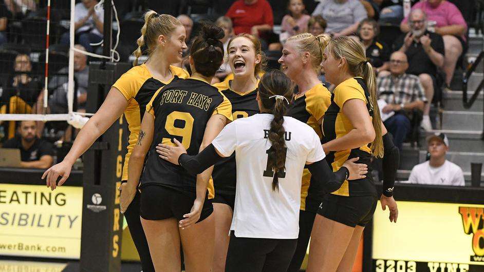 The Fort Hays State volleyball team celebrates after scoring a point vs. Kansas Wesleyan Wednesday, September 6, 2023 in Hays, Kan. (FHSU Athletics photo/Nicole Heitmann)