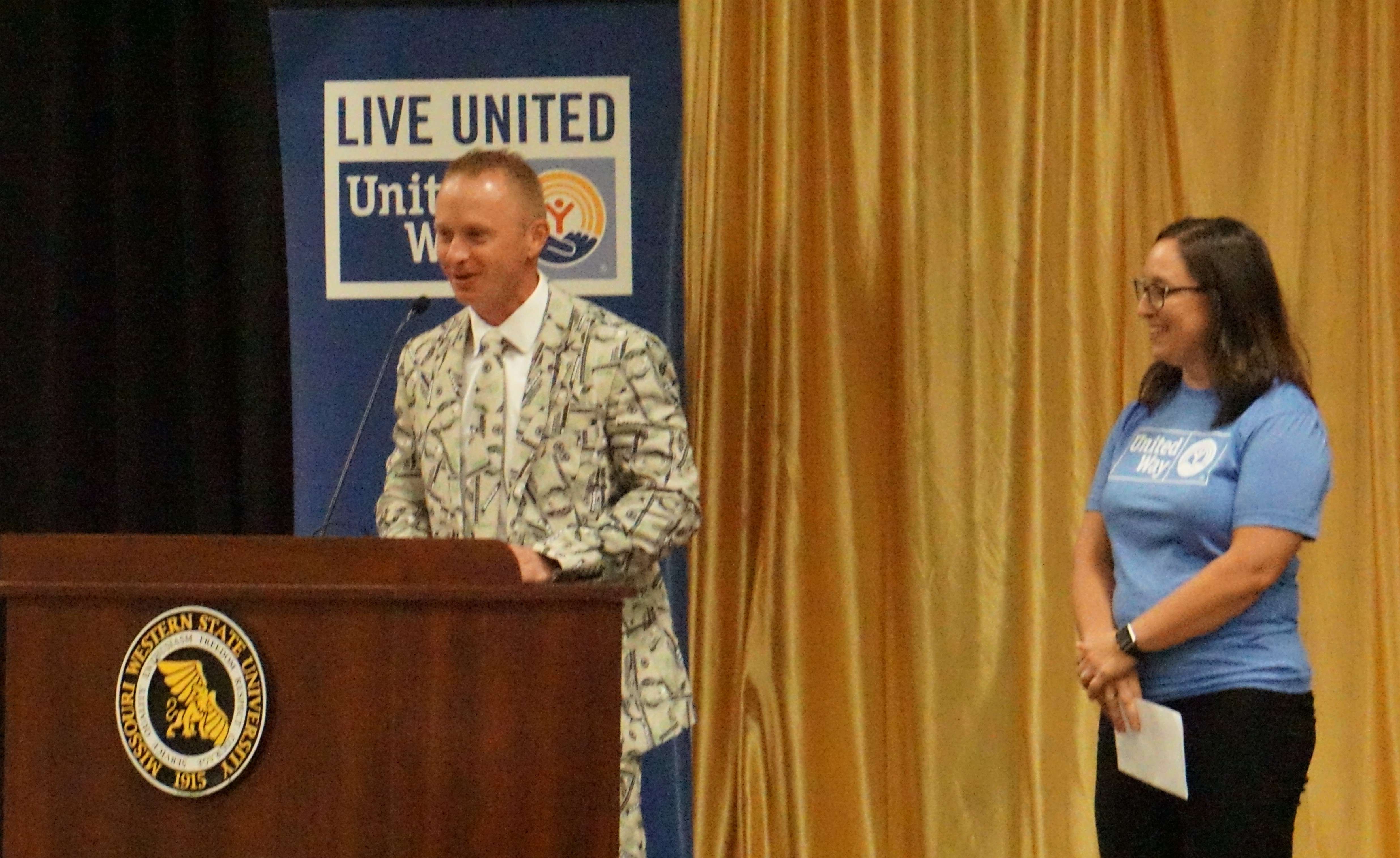 Campaign Co-Chairs Brendon and Michelle Clark speak during the United Way 2023 Campaign Kickoff /Photo by Matt Pike