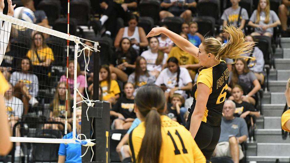 Fort Hays State's Emily Ellis (6) attempts a kill on day two of the Tigers Classic in Hays, Kan. on Saturday, September 9, 2023. (FHSU Athletics photo/Ryan Prickett)