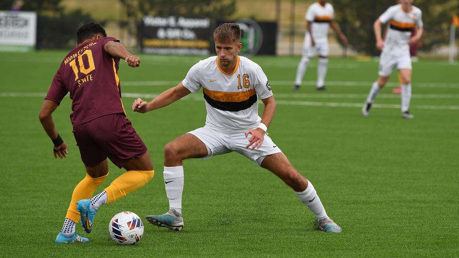Fort Hays State freshman forward Oliver Larsen tries to take the ball away from Midwestern State forward Maycol Reyes in an NCAA soccer match on Wednesday, Sept. 13, 2023 in Hays, Kan. (FHSU Athletics photo/Nicole Heitmann)