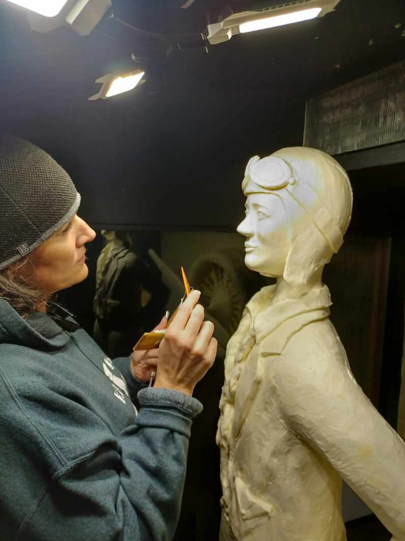 Butter Sculptor Sarah Pratt with 2023 Kansas State Fair subject, Amelia Earhart.-Photo by Andy Pratt