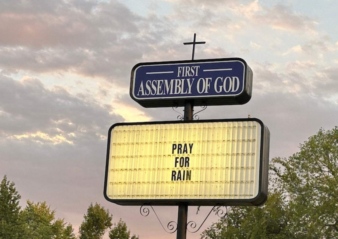 A church sign outside the First Assembly of God in Independence, Kan., is pictured here. Southeast Kansas is suffering some of the most severe drought conditions in the nation after months of lower-than-normal rainfall (Kevin Hardy/Stateline).