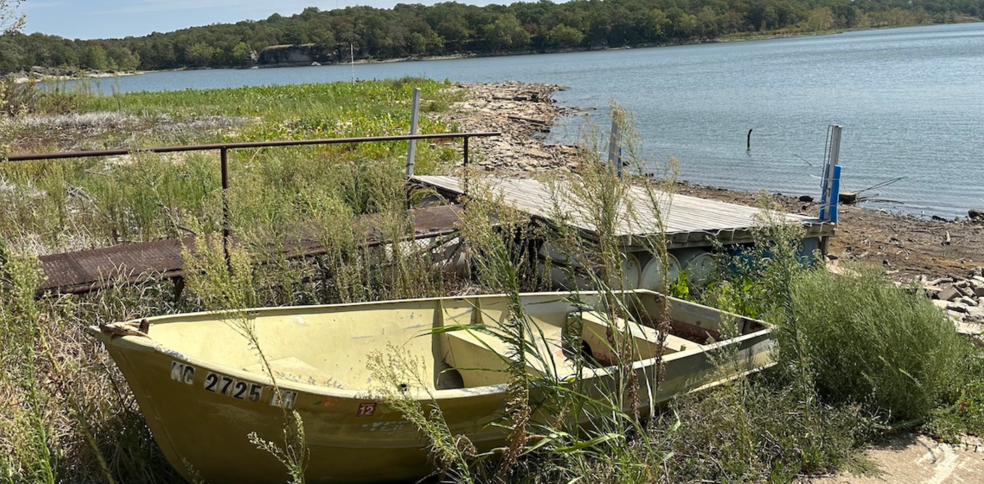 Extreme drought rendered a boat dock and ramp useless at Quivira Scout Ranch outside of Sedan, Kan. The lake at the Boy Scout camp provides drinking water for thousands of homes, schools and businesses in Southeast Kansas, but its intake valve has been jeopardized as lake levels continue to drop (Kevin Hardy/Stateline).