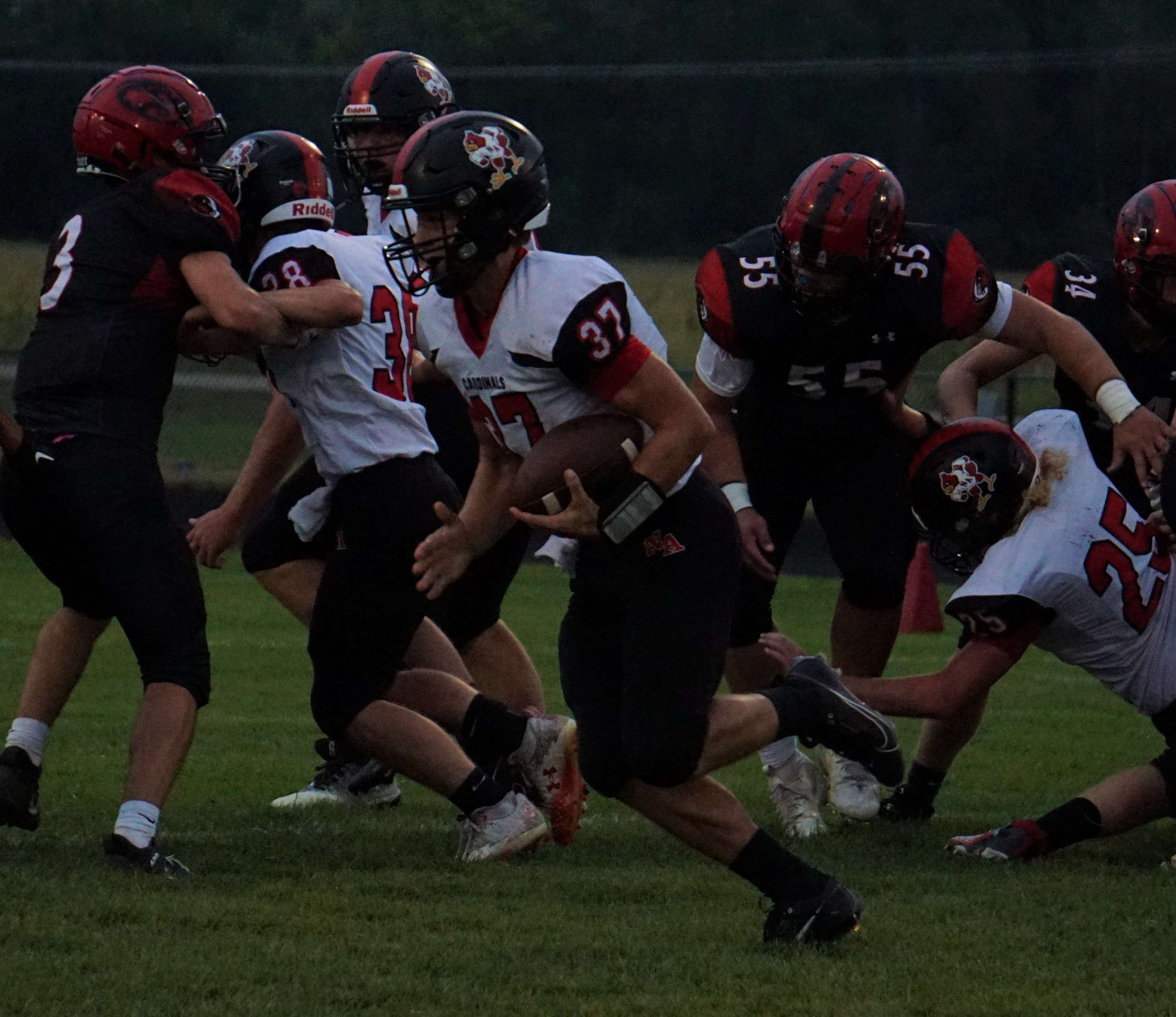 Braxon Linville (37) takes off on a run during North Andrew's 38-34 win at St. Joseph Christian Friday. Photo by Matt Pike.