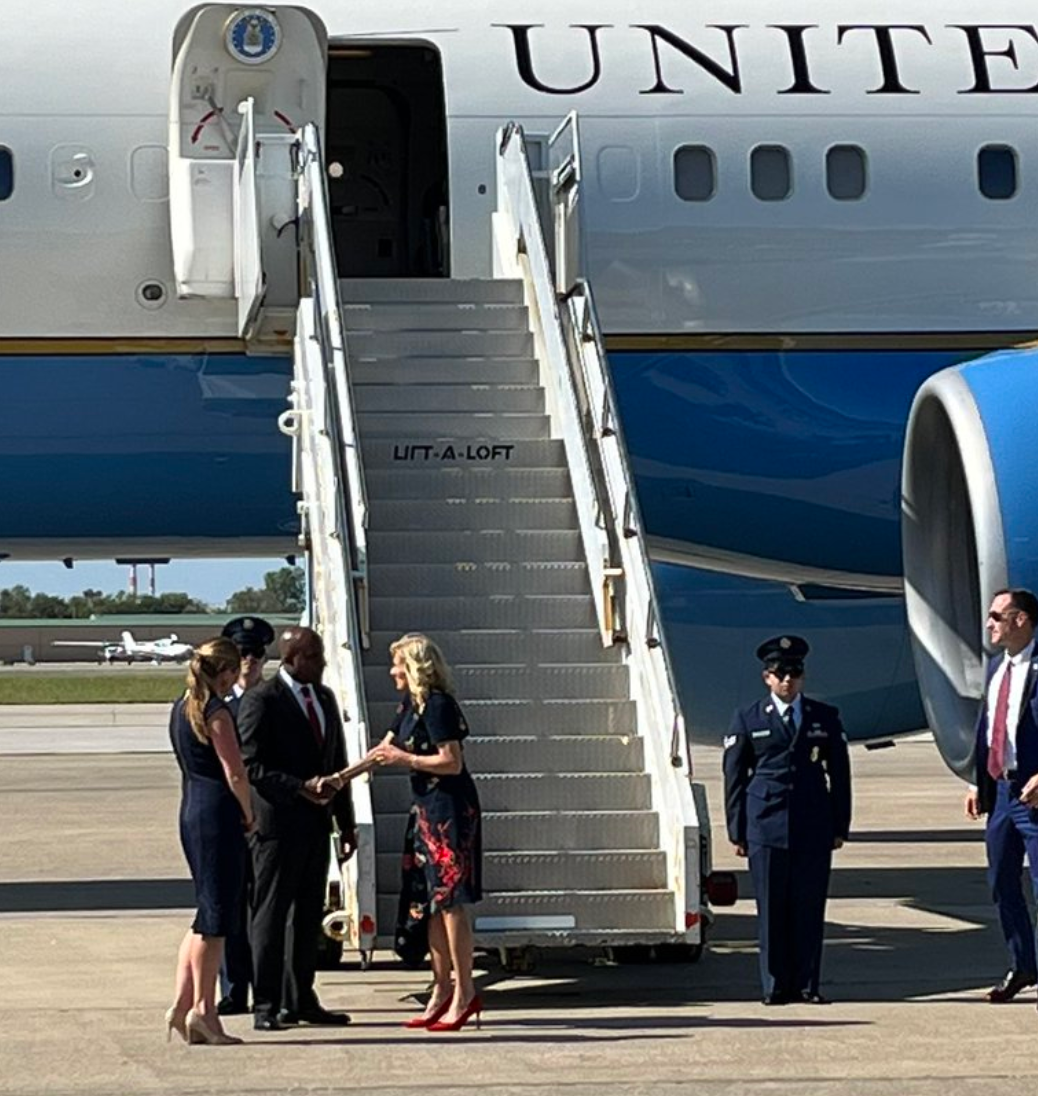 Kansas Mayor Quinton Lucas greets First Lady Jill Biden on Wednesday afternoon- courtesy photo