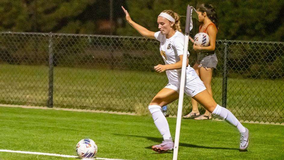 Fort Hays State's Gracen Chaney attempts a corner kick in an NCAA soccer match vs. Northwest Missouri State on Friday, Sept. 29, 2023, in Hays, Kan. (FHSU Athletics photo/Ryan Prickett)