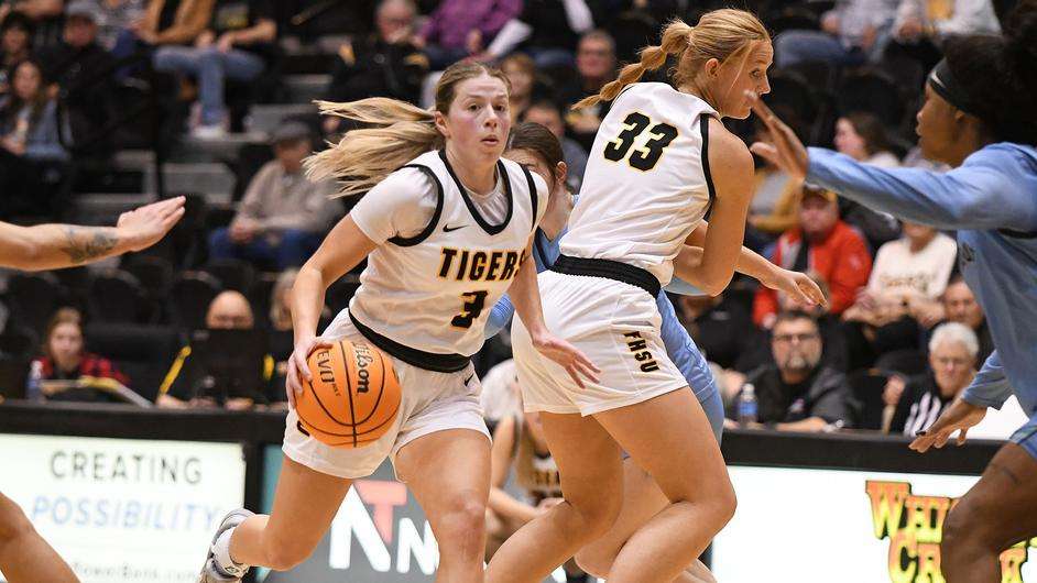 Fort Hays State guard Sydney Golladay dribbles the ball up the floor in the second half of an NCAA college basketball game against Lincoln on Saturday, January 6, 2023. (FHSU Athletics photo/Nicole Heitmann)