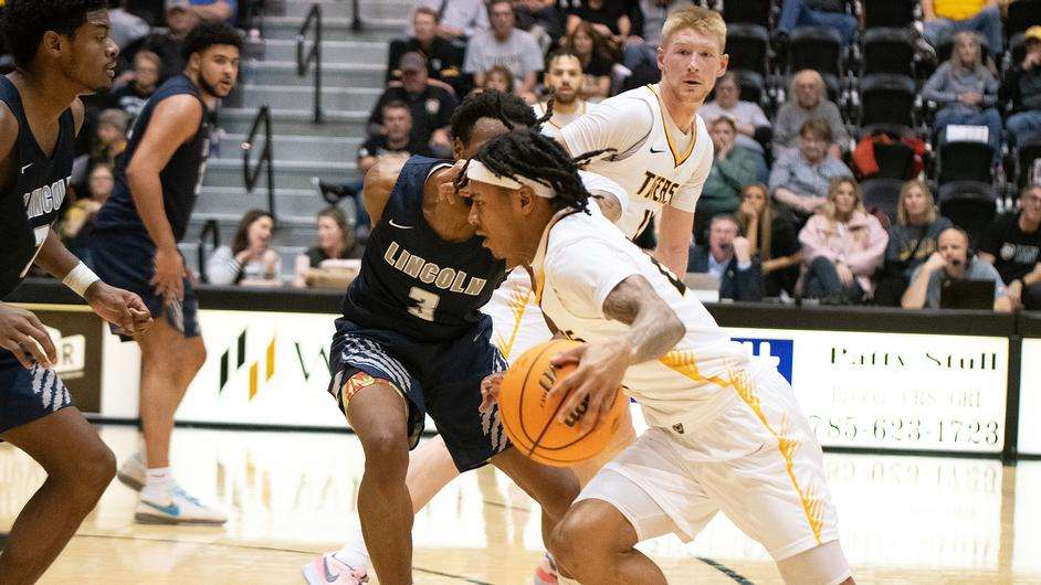 Fort Hays State guard Jahiem Holden brings the ball up the court in the second half of an NCAA college basketball game against Lincoln on Saturday, January 6, 2024. (FHSU Athletics photo/Nicole Heitmann)