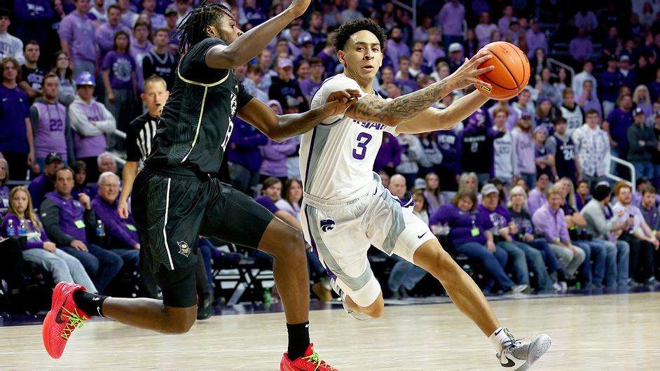 Kansas State guard Dorian Finister (3) drives to the basket in the second half of an NCAA college basketball game against Central Florida Saturday, Jan. 6, 2024, in Manhattan, Kan. (KSU Athletics photo)