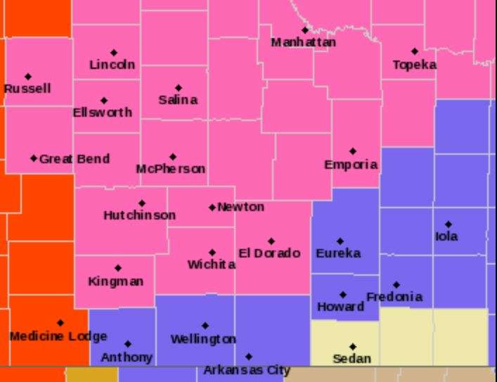 Reddish orange is Blizzard Warning, Pink is Winter Storm Warning, Blue is Winter Weather Advisory. Image from National Weather Service.