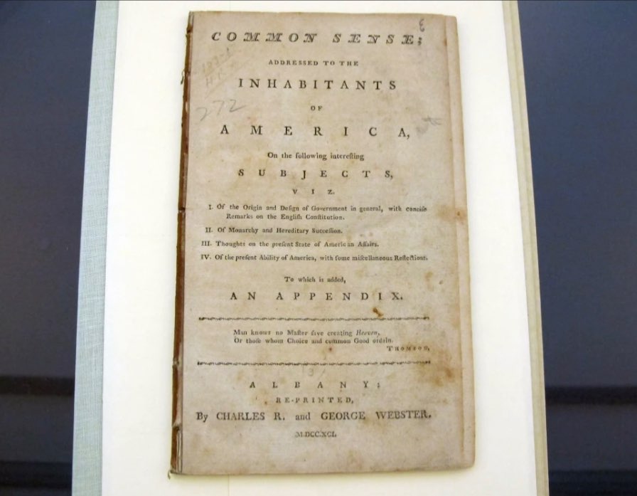 In this Tuesday, Aug. 20, 2013 photo, an early edition of Thomas Paine’s “Common Sense” is displayed at Iona College in New Rochelle, N.Y. (AP Photo/Jim Fitzgerald)