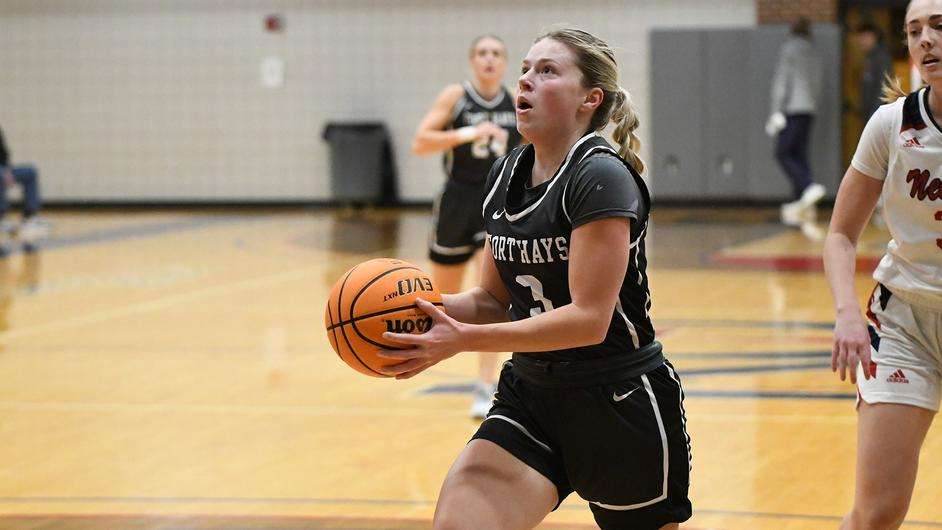 Fort Hays State guard Sydney Golladay (3) drives to the basket during the second half of an NCAA college basketball game against Newman on Sunday, December 17, 2024 in Wichita, Kan. (FHSU Athletics photo/Ryan Prickett)